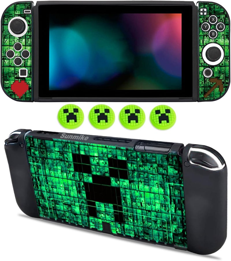 Sunmike Protective Case for Nintendo Switch OLED, Switch OLED Case & Cute Thumb Grips Caps Soft Dockable Cases Shock-Absorbent & Anti-Scratch Slim Cover Silicone Cases Protector & 4 Pcs Joystick Cover, Green - Image 1